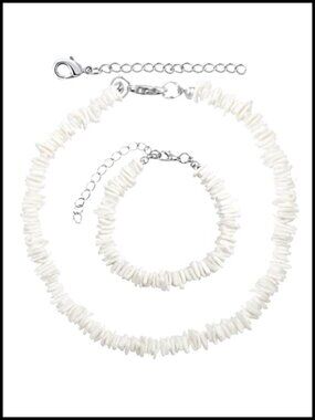 White Puka Shell Necklace Bracelet Set, Hawaiian Seashell Choker Beach Surfer